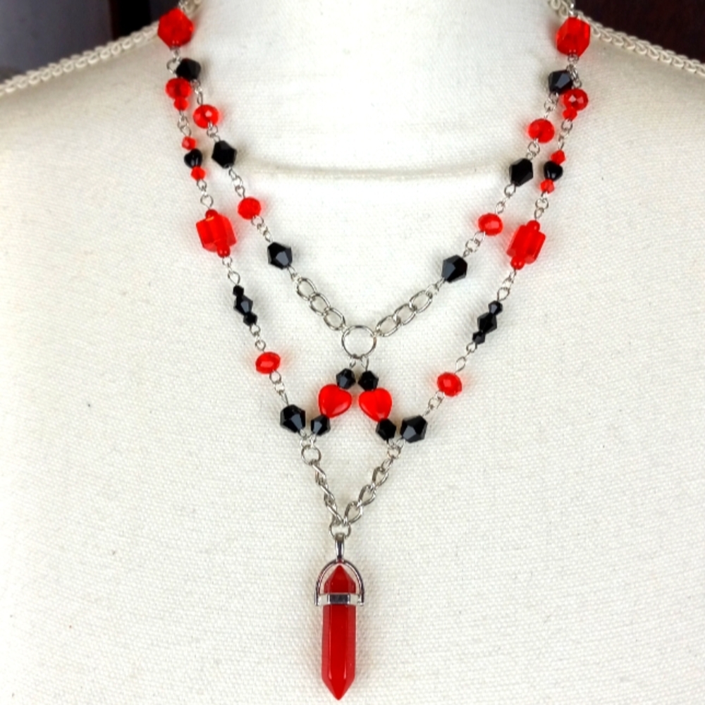 Red & black goth fairycore style beaded necklace